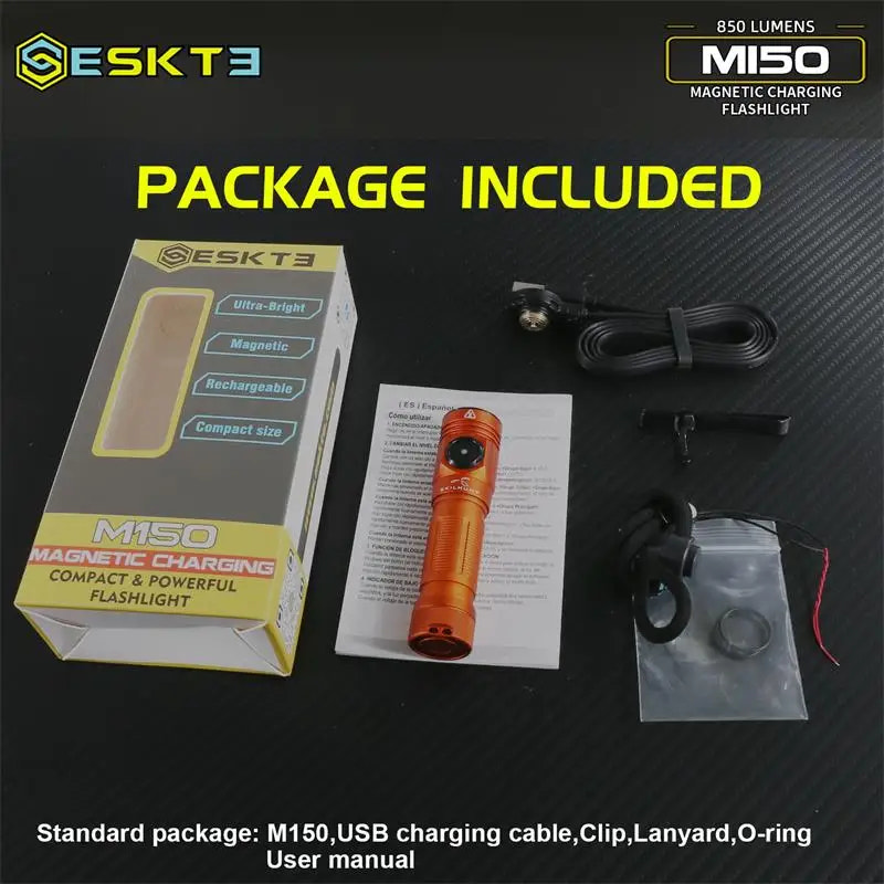 Eskte M150 magnetic charging flashlight package with box, flashlight, USB cable, and accessories on a black background.