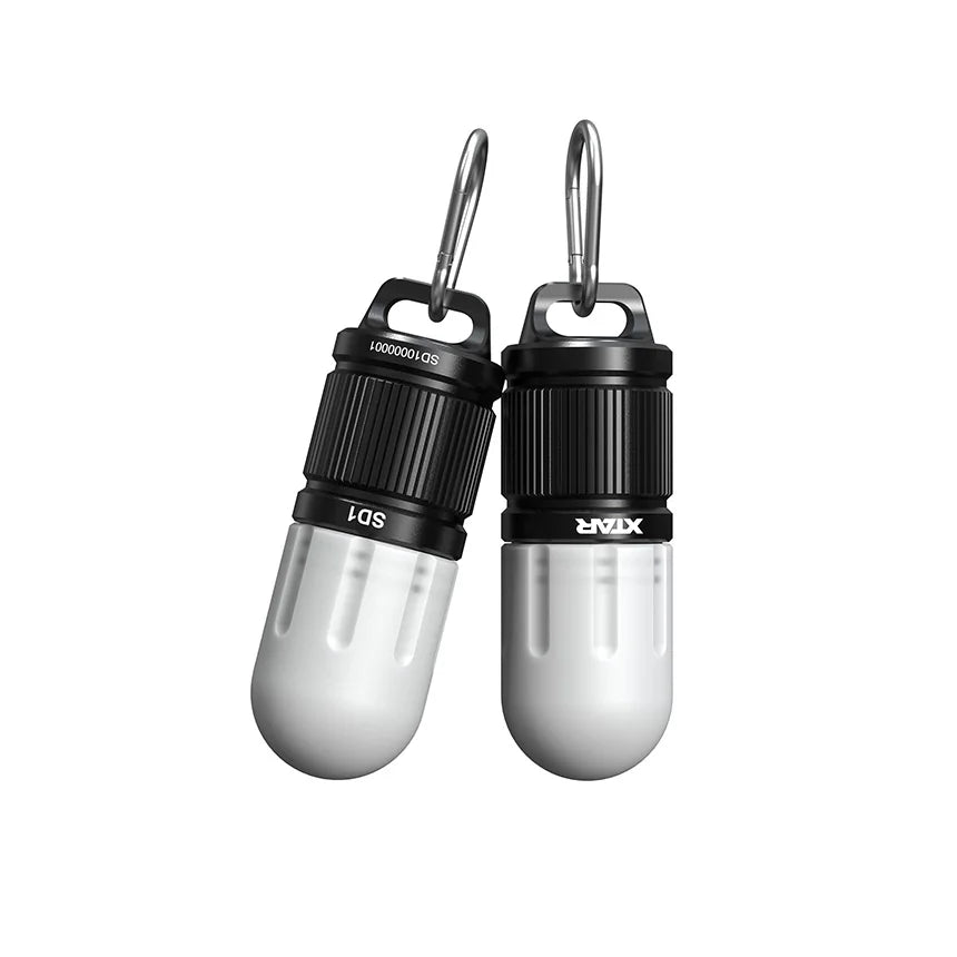 Two portable flashlights with carabiners on a white background