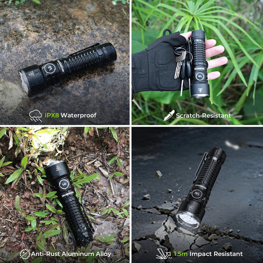 Collage of a flashlight being used in various conditions with text highlighting its features.