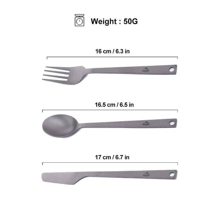 Measurement chart of a gray fork, spoon, and knife with dimensions and weight on a white background.