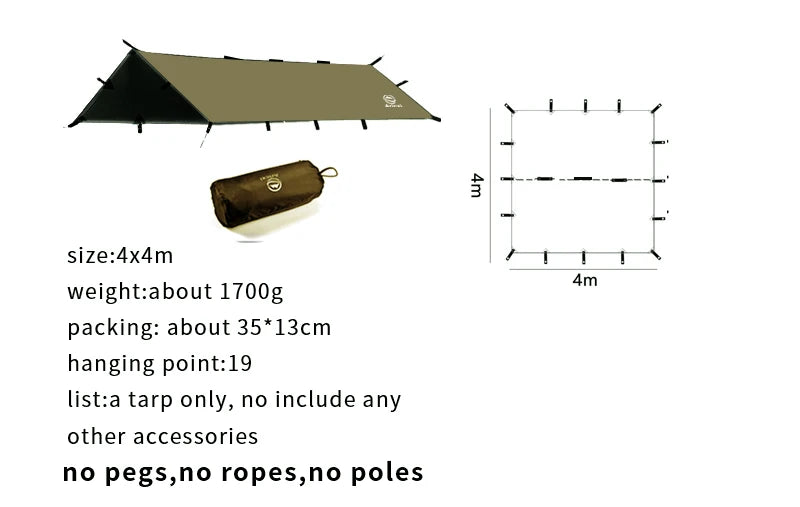 Camping tarp with dimensions, weight, and packaging details on a white background
