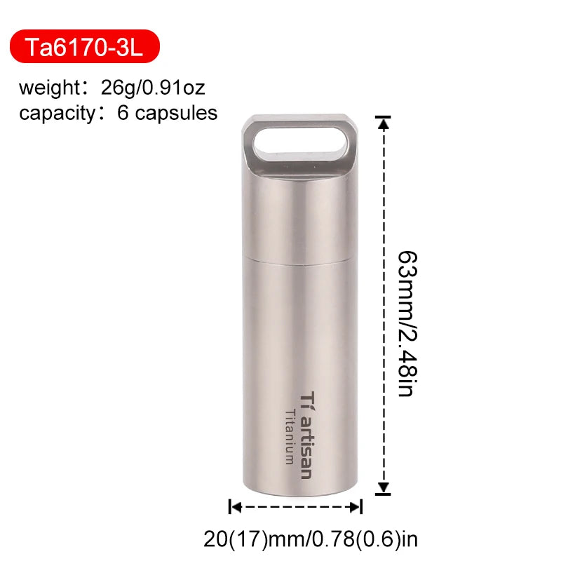 titanium container with dimensions and specifications on a white background
