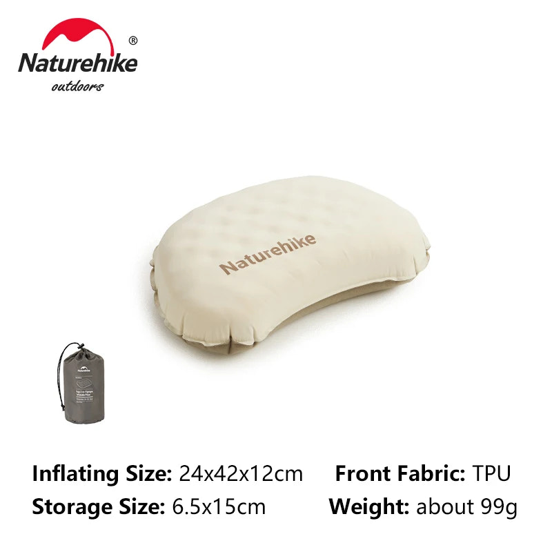 Inflatable pillow with Naturehike branding and product details on a white background