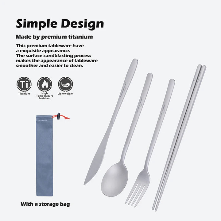 Titanium tableware set with knife, spoon, fork, and chopsticks on a white background.