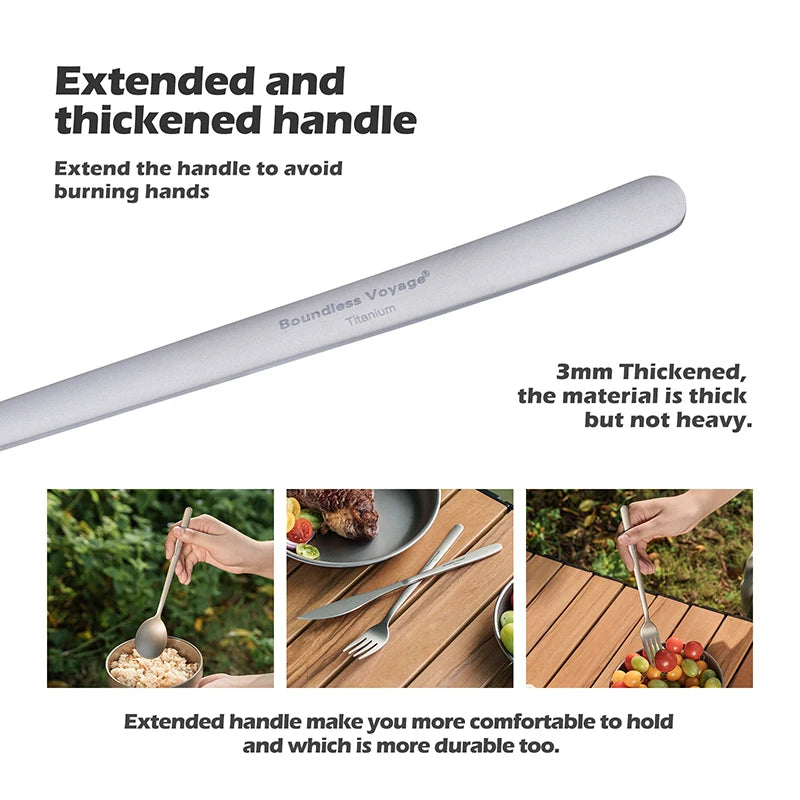 titanium spoon with extended handle, shown in use scenarios, on a white background.