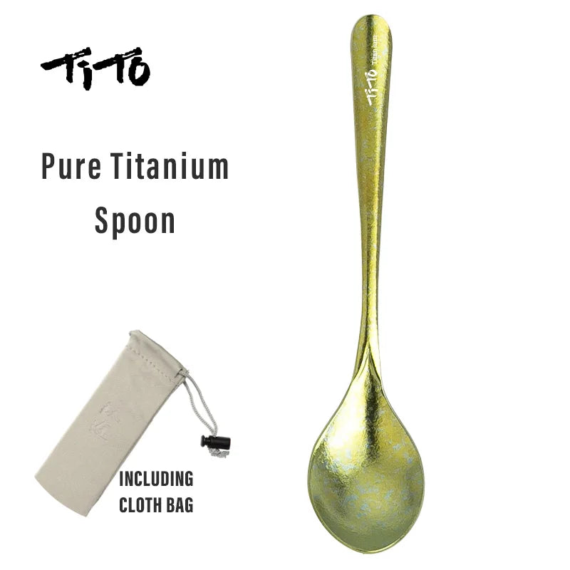 Pure Titanium Spoon with Tito branding and a cloth bag on a white background