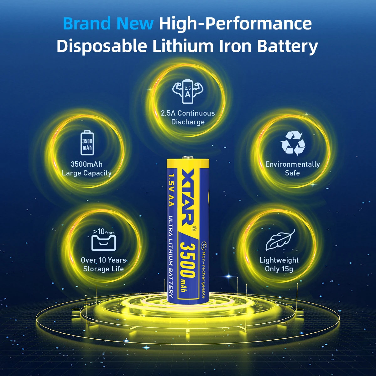 Xtar 3500mAh lithium iron battery with features highlighted on a blue background