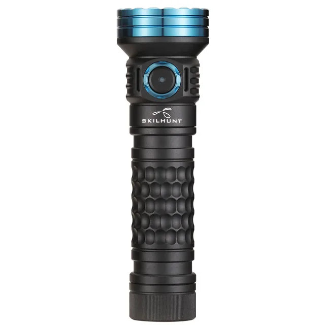Black flashlight with blue accents on a white background
