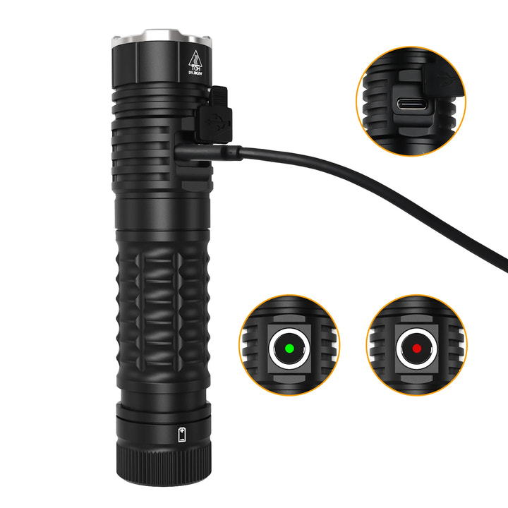 Black flashlight with detailed view of USB port and light modes on a white background