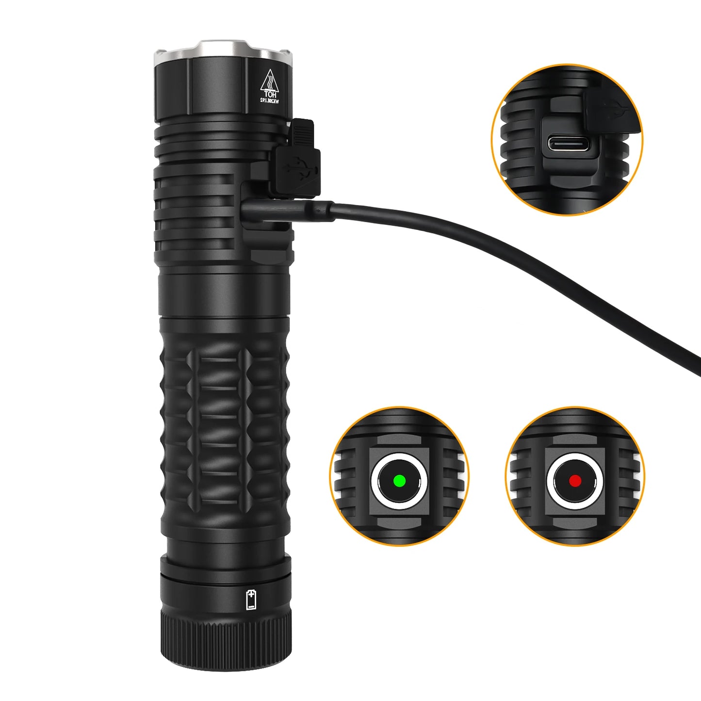 Black flashlight with detailed view of USB port and light modes on a white background
