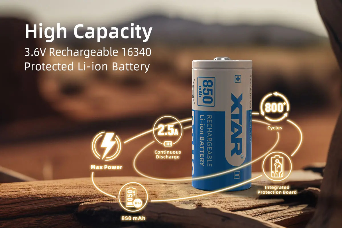 Xtar rechargeable Li-ion battery with features highlighted on a wooden surface