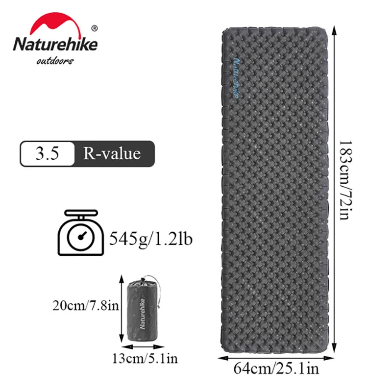 Gray sleeping pad with dimensions and features on a white background, featuring the Naturehike brand.