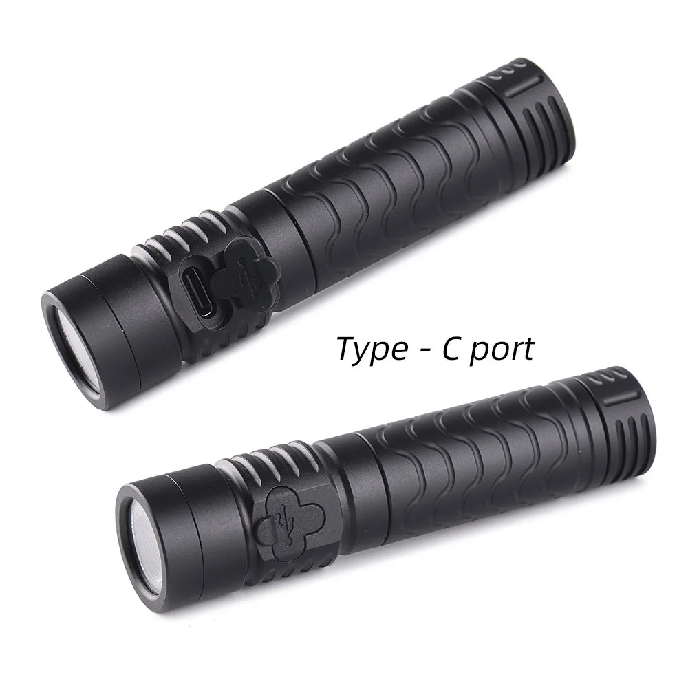 Two black flashlights with Type-C ports on a white background