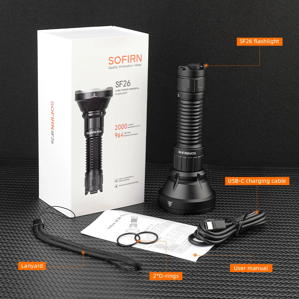 SOFIRN SF26 flashlight with packaging, USB-C charging cable, lanyard, and user manual on a black textured background.