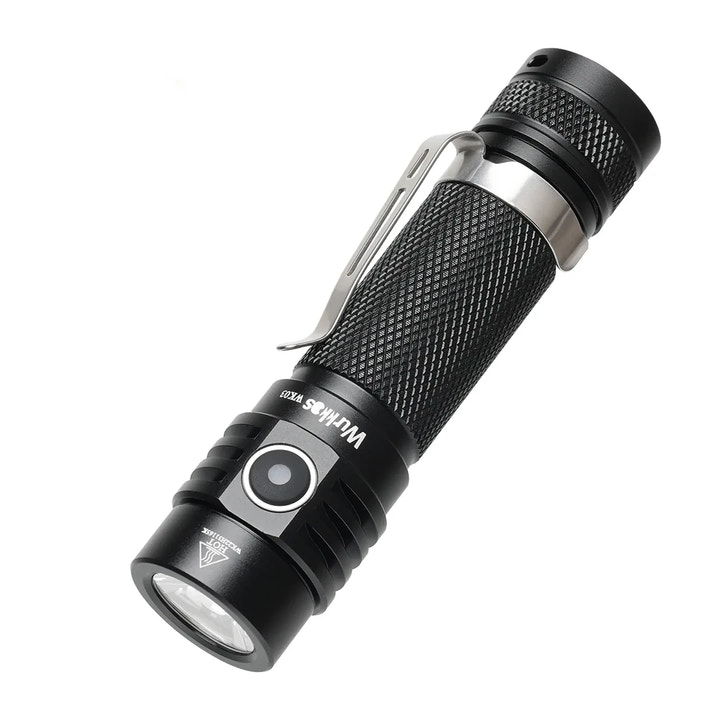 Black flashlight with visible brand name on a white background