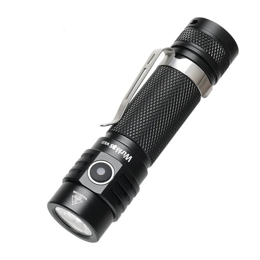 Black flashlight with visible brand name on a white background