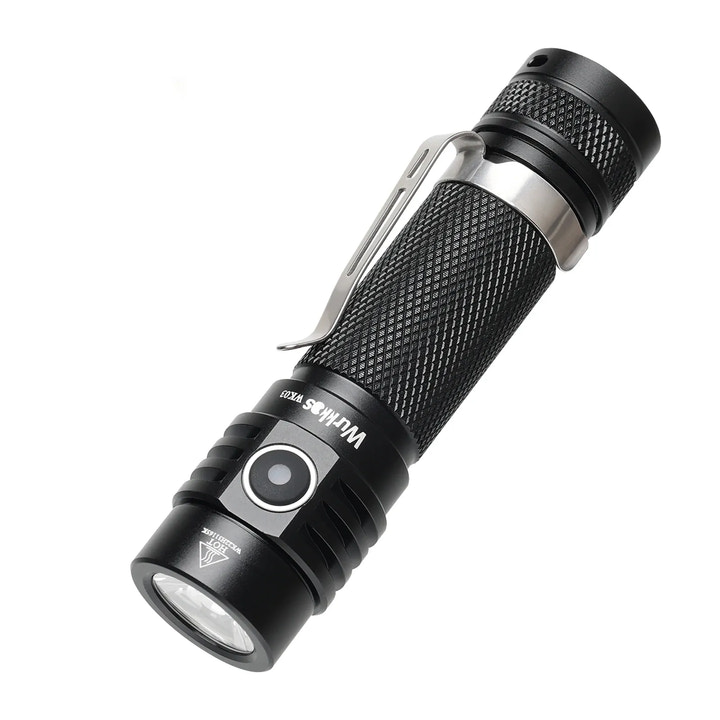 Black flashlight with visible brand name on a white background