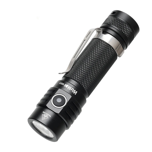 Black flashlight with visible brand name on a white background