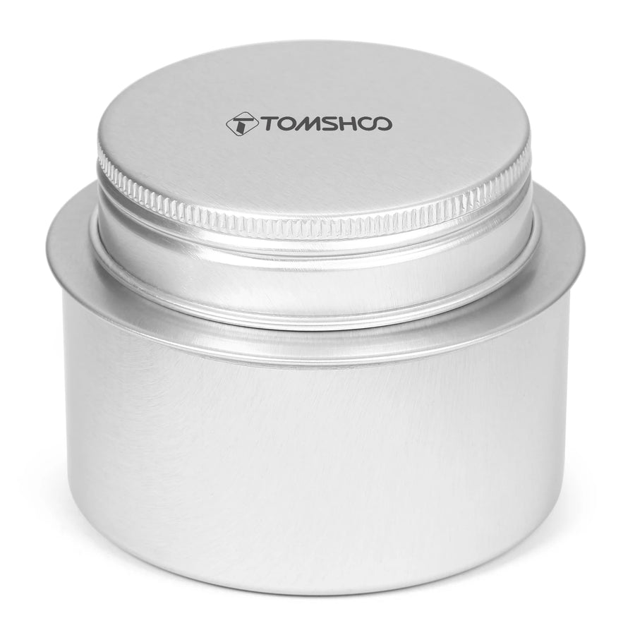 Silver metal container with lid featuring 'TOMSHOO' branding on a white background