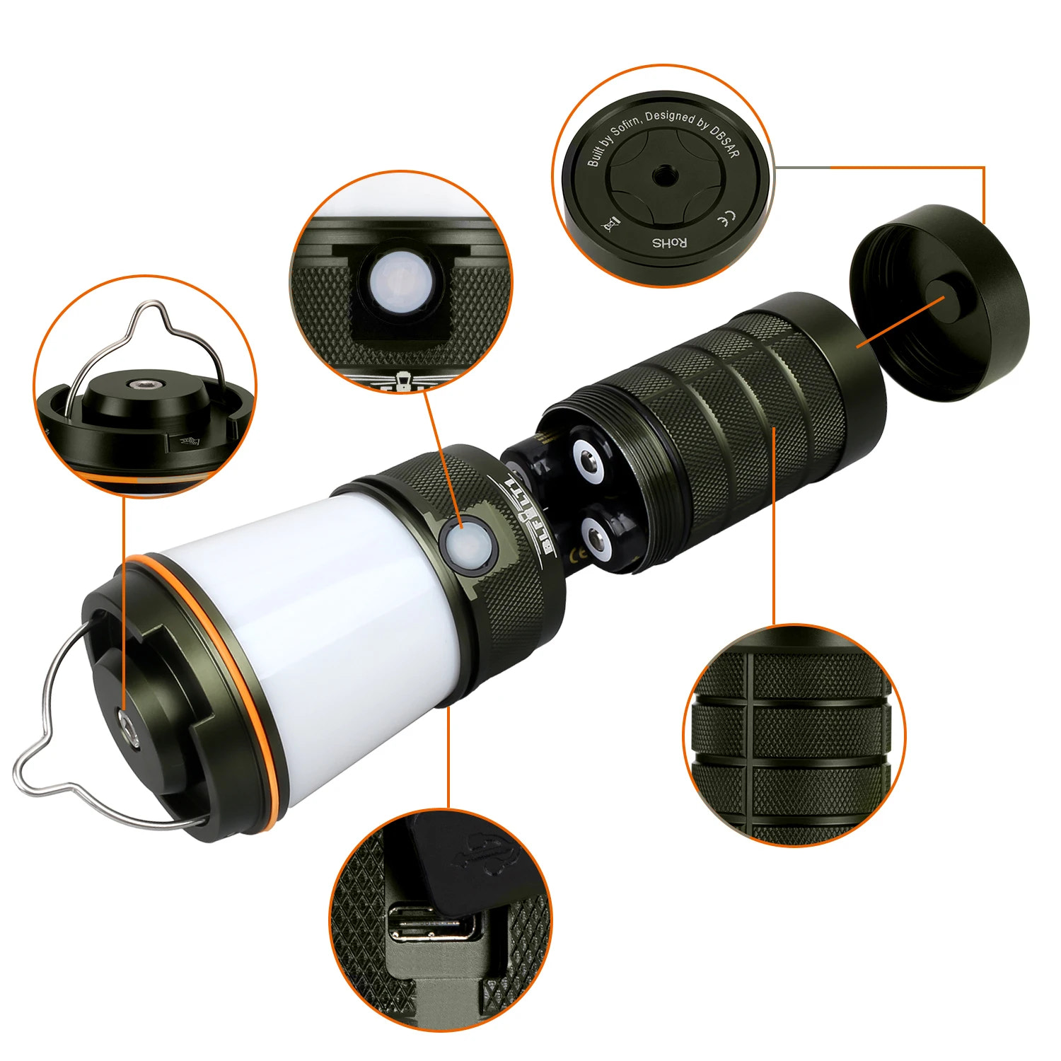 Black and white camping lantern with close-up details on a white background