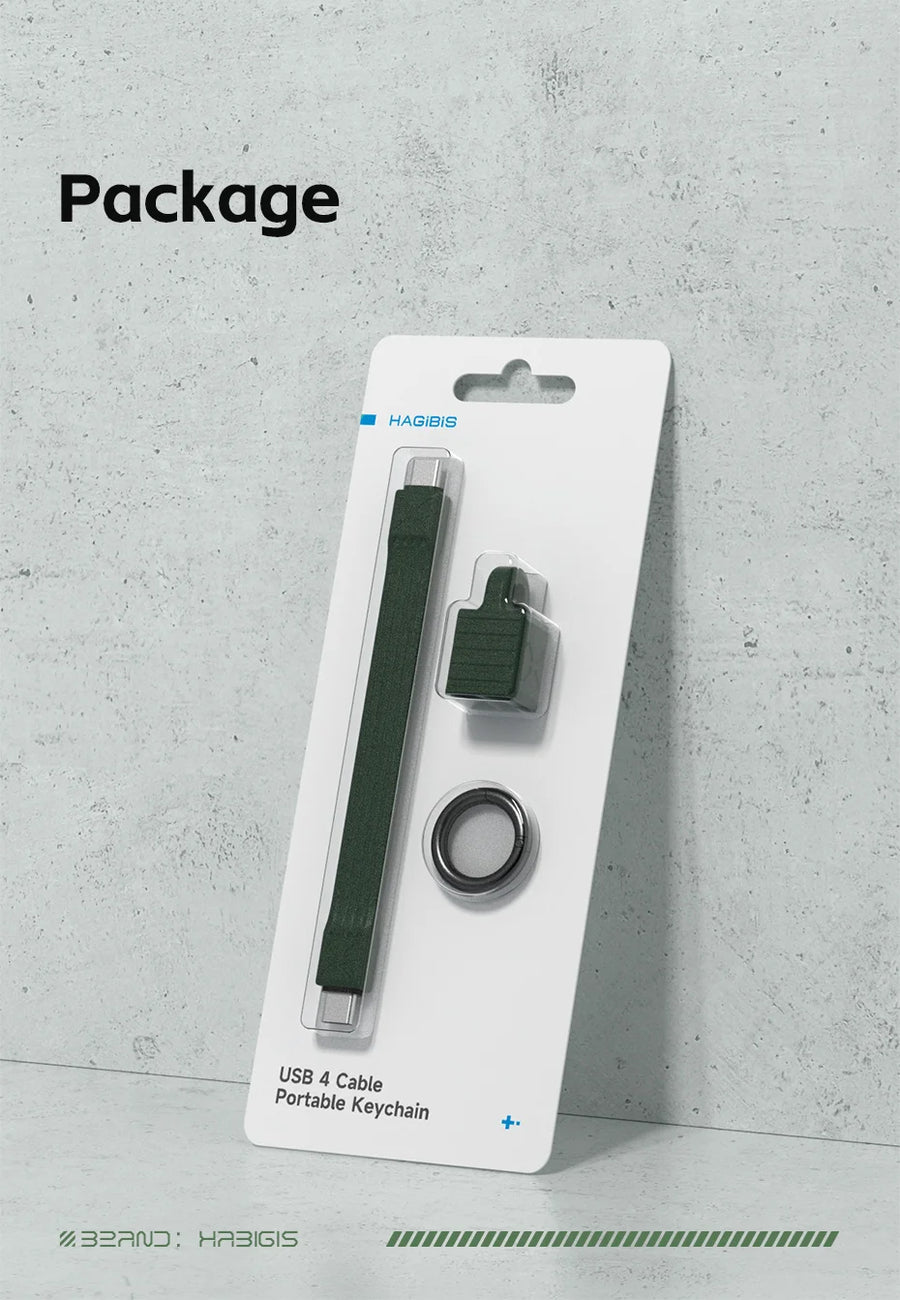 Packaging of USB 4 Cable and Portable Keychain on a gray concrete background