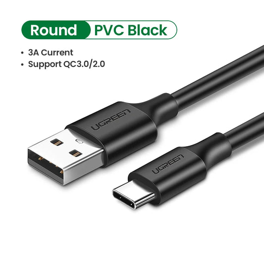 Black USB cable with round PVC jacket, featuring UGREEN branding on a white background.