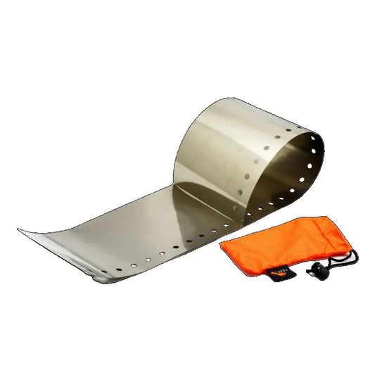 Titanium windscreen with holes and an orange pouch on a white background