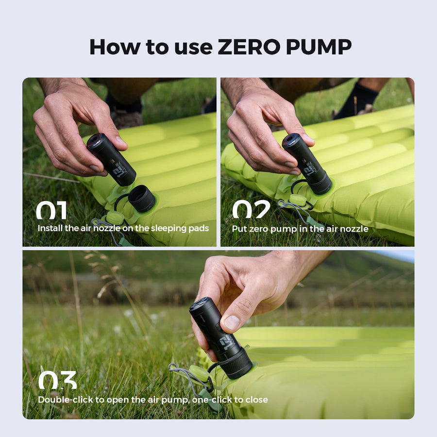 Instructions on how to use a zero pump for sleeping pads with step-by-step images.