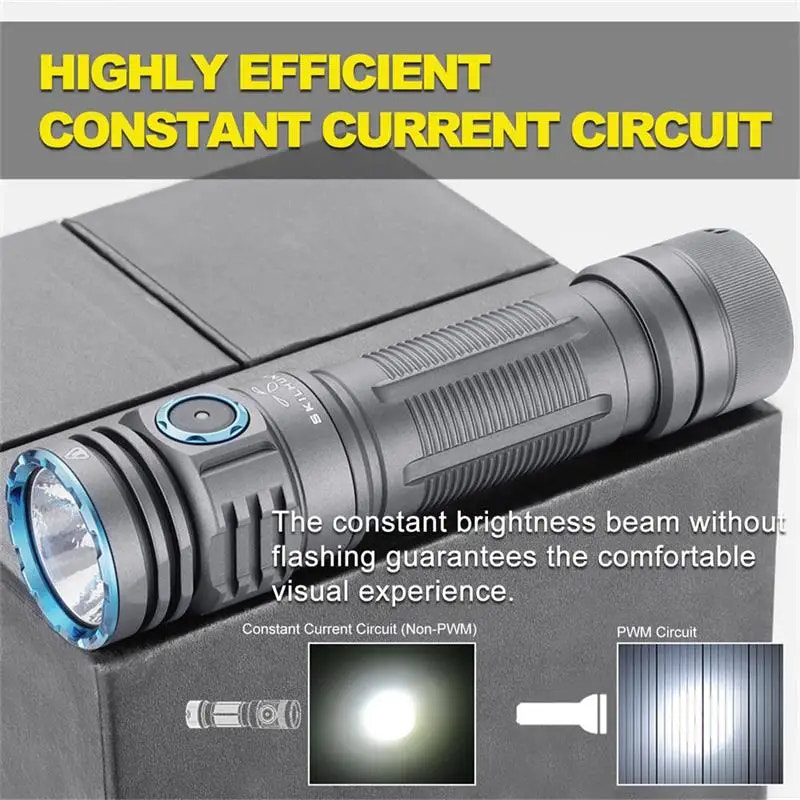 Gray flashlight on a reflective surface with text about constant current circuit