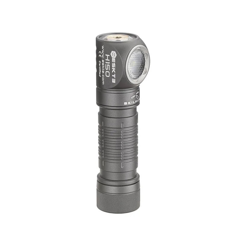 Black flashlight with visible brand logo on a white background
