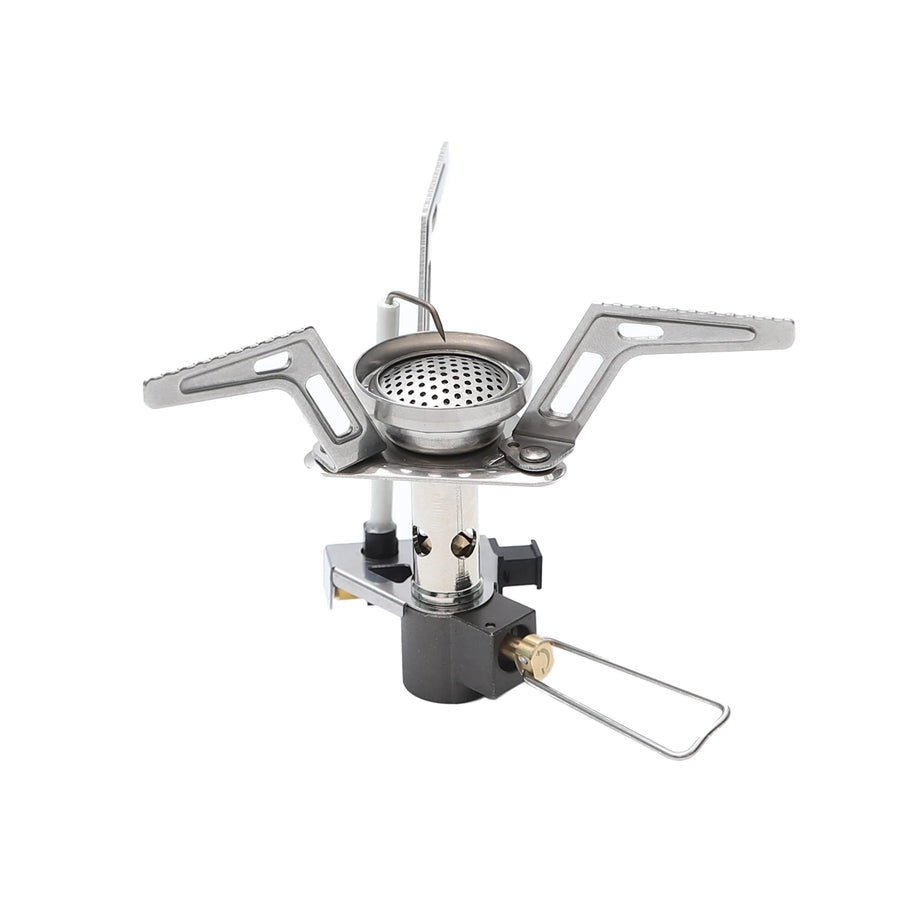 Portable camping stove with a metallic finish on a white background