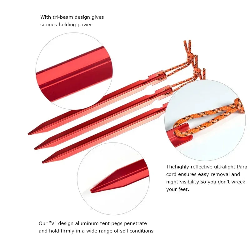 Red tent pegs with reflective para cord and text on holding power and visibility.