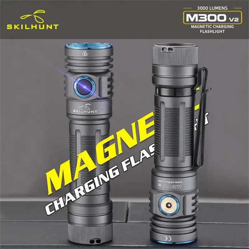 Two flashlights with 'Skilhunt' branding on a gray background