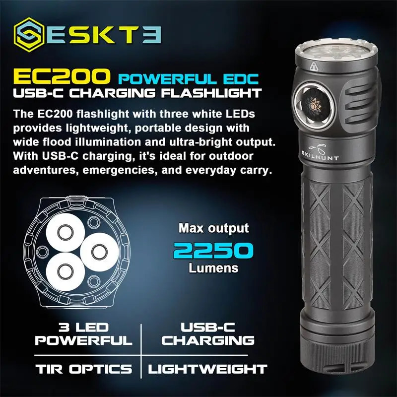 Skilhunt EC200 USB-C charging flashlight with specifications on a dark background