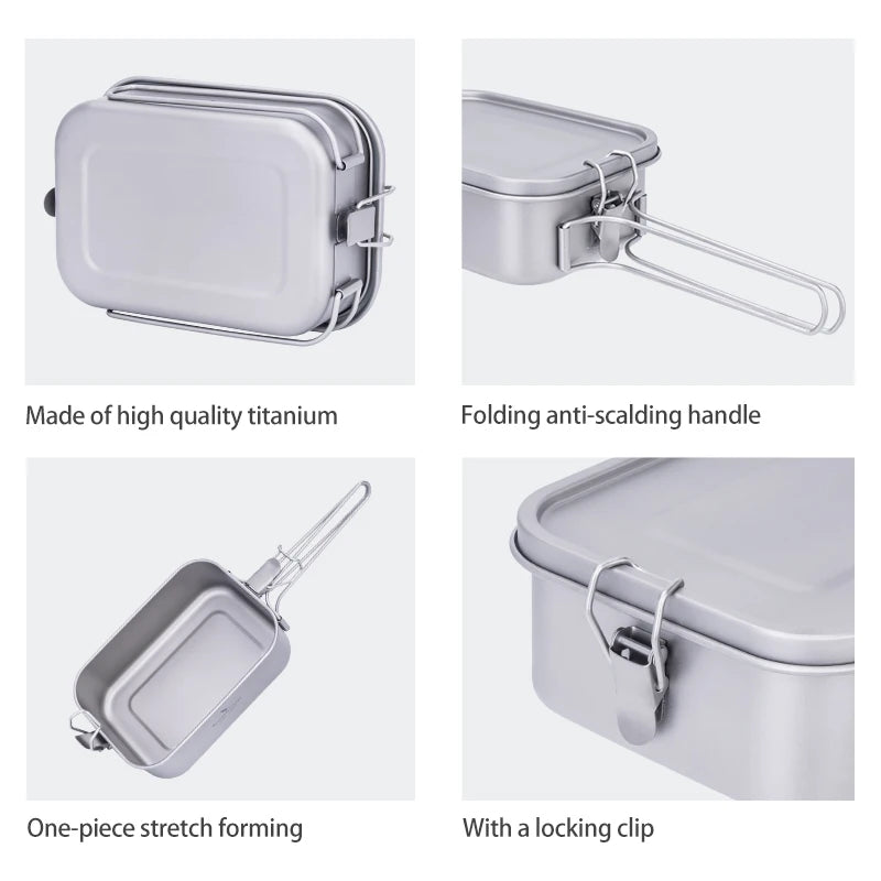 Collage of a titanium cooking pan with features highlighted on a white background