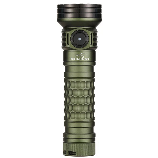 Green flashlight with textured grip and visible brand logo on a white background