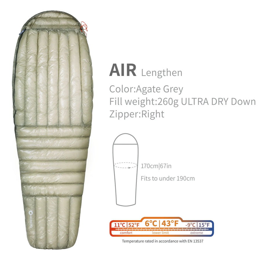 Light gray sleeping bag with specifications on a white background
