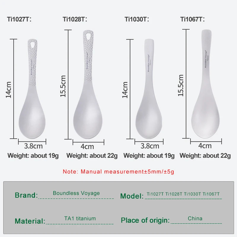 Set of four titanium spoons with measurements and specifications on a gray background