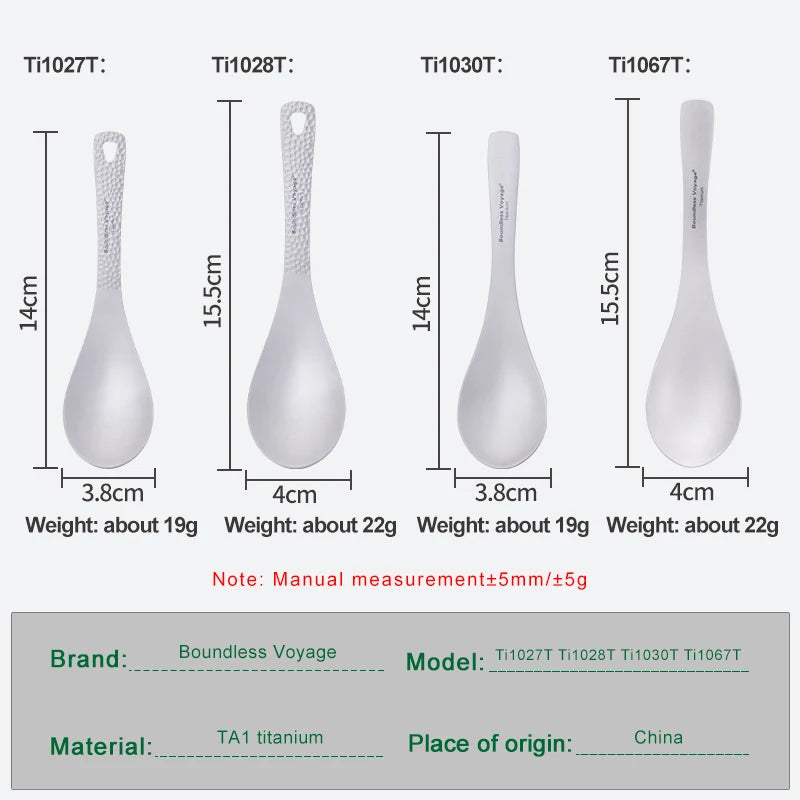 Set of four titanium spoons with measurements and specifications on a gray background