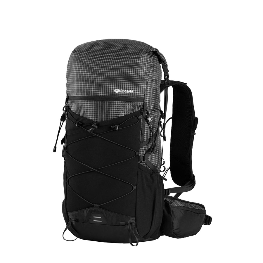 Black hiking backpack with visible brand logo on a white background