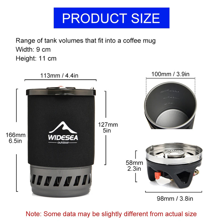 Measurement heat-exchanger camping pot with Widesea branding, showing dimensions and product size details.