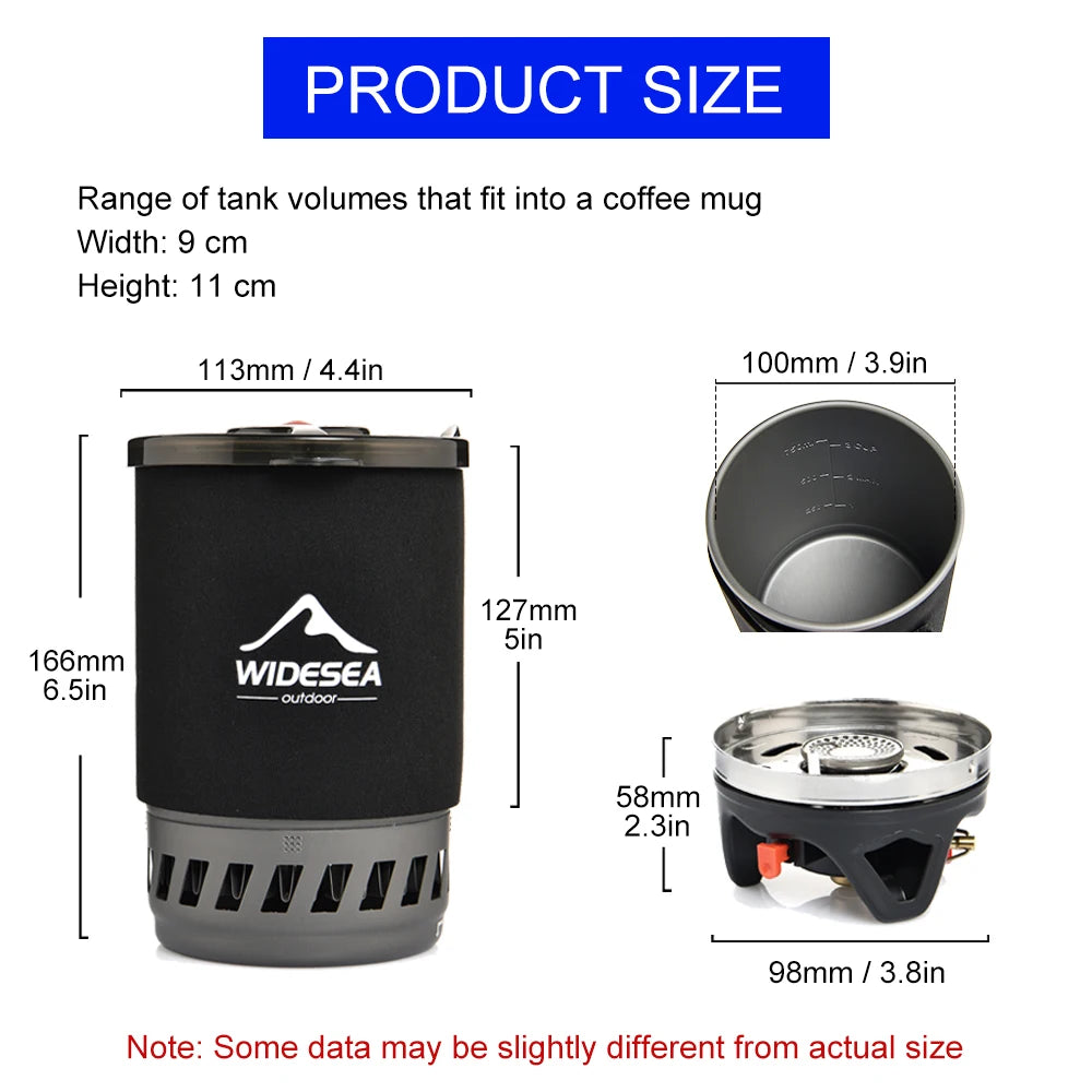 Measurement heat-exchanger camping pot with Widesea branding, showing dimensions and product size details.