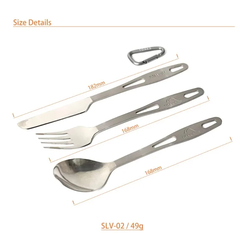 Set of camping utensils with measurements on a white background