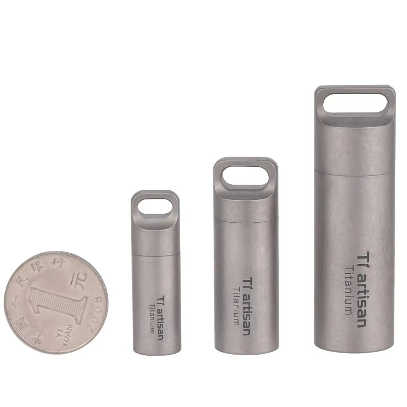Set of three metallic containers with 'Tiartisan' branding, one with a coin for scale on a white background.