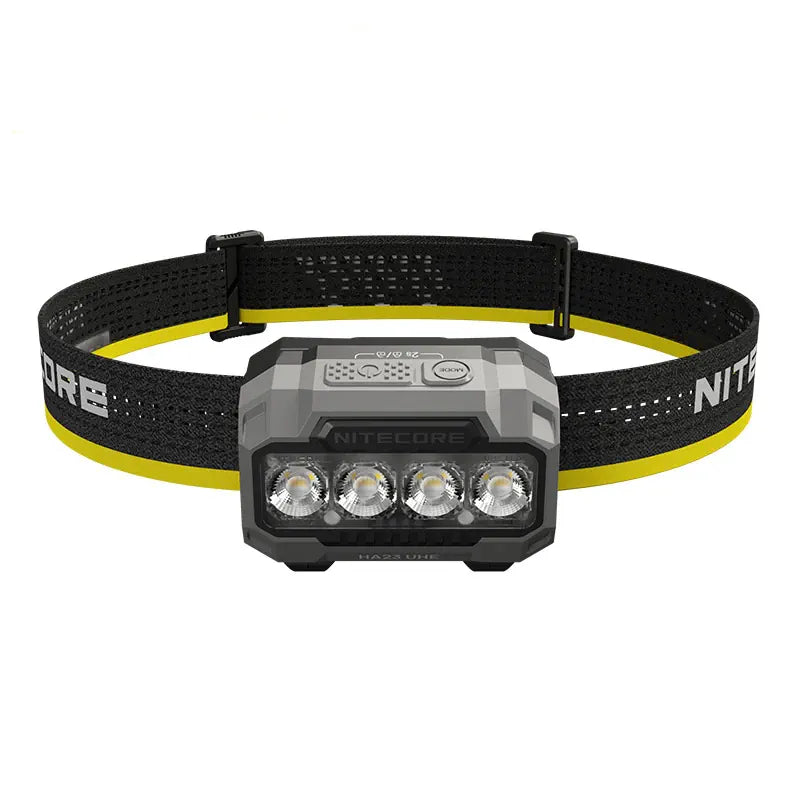 Headlamp with black strap and visible brand logos on a white background