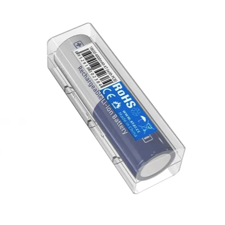 Rechargeable lithium battery with RoHS label on a white background