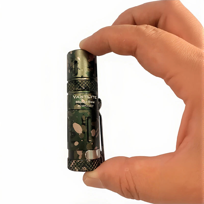 Hand holding a small flashlight with a camouflage pattern on a white background