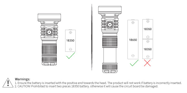 Illustration of a flashlight with battery compatibility labels on a white background