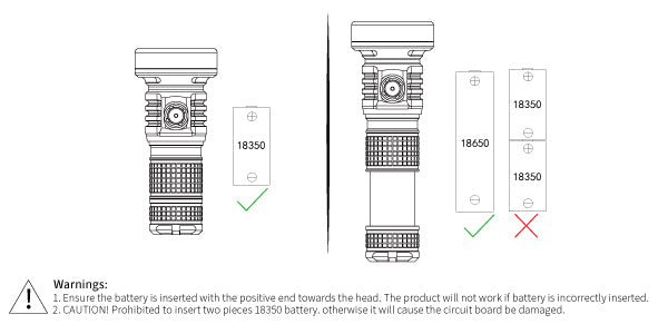 Illustration of a flashlight with battery compatibility labels on a white background