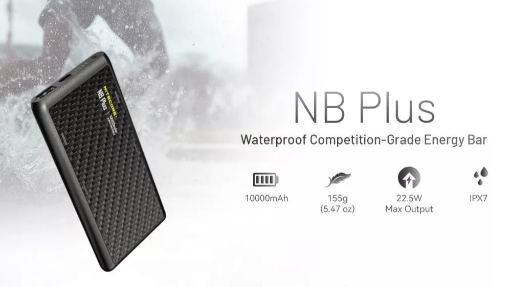 Black waterproof power bank with specifications on a white background